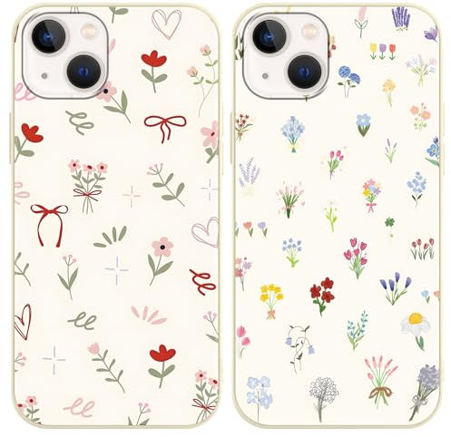 Phoona 2 Packs Flower Floral Pattern Phone Case for iPhone 13 mini 5,4, Cute Aesthetic Design Print Funda with TPU Slim Liquid Silicone Shockproof Protection Soft Phone Cover for Women Girls