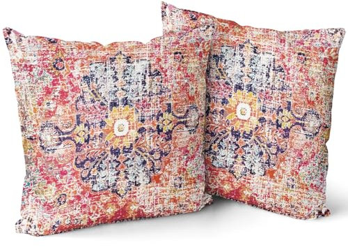Lot de 2 housses de coussin vintage bohème rose vif, orange, 50,8 x 50,8 cm, tapis oriental à motif floral, tapisserie rustique, rétro, ferme pour coussin, canapé, extérieur