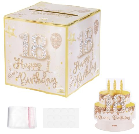 PATIKIL 18th Birthday Money Box for Cash Gift, Birthday Money Pull Box with 100pcs Transparent Bags for Birthday Surprise Card Party Decorations Women Girl Best Friend, Pink Gold