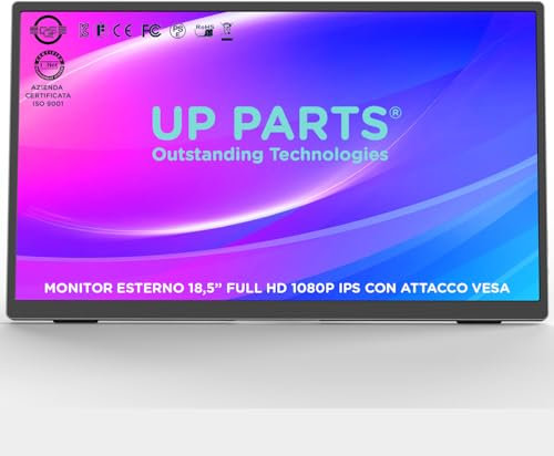 UP PARTS® Monitor Portatile, Schermo portatile, Monitor portatile per laptop, 185WP - 18.5 Full HD 1920x1080, IPS, USB-C e Mini HDMI, Attacco Vesa,Ultra Sottile, Altoparlanti, Azienda Italiana