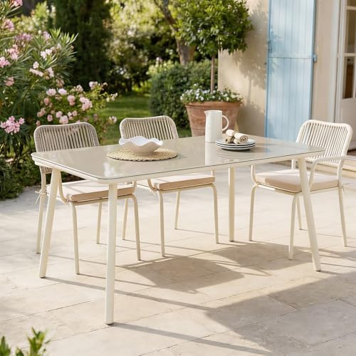 IDIMEX Table de Jardin extérieur VOLONTE L 160 cm en Aluminium Beige pour 6 Personnes, Plateau en Verre trempé, résitante aux intempéries et Facile d'entretien, idéale pour terrasse ou Balcon