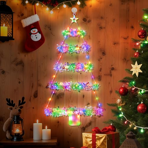 DazSpirit LED Leiter Lichterkette Batterie, 88cm Weihnachtsbaum-Form Weihnachtsbeleuchtung mit Lametta Girlande, 8 Modi, Timer, Haken für Innen Außen Party, Balkon, Tür, Fenster Weihnachtsdeko (Bunt)