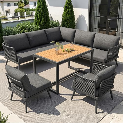 Lcoho Siebenpersonen L-förmiges Gartensofa-Set mit geflochtenen Armlehnen/Wetterfeste Eckgarnitur aus Eisen/Inkl. Holz-Couchtisch & Sessel/Mit Polstern & Kissen/Grau/Beige
