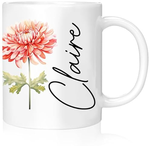 Rainsar Personalised Mum Mug with Bloom Double Side, Customised Mothers Day Gift Ceramic Coffee Cup with Flower and Text, Holding 310mL Mug with Handle,Chrysanthemum