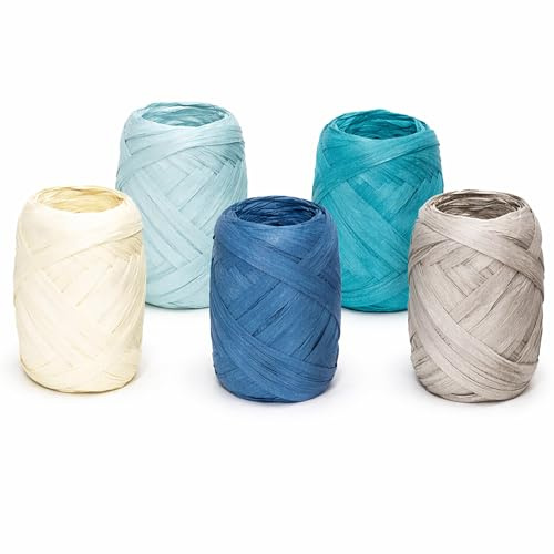 Papierband Raffiabast 5 Rollen Set je 20m - Geschenkband Raffia Papier Schnur Craft Verpackung - Bastband Papiergarn zum Binden Verzieren - Bänder für Geschenke Deko - Maritime Farben Mix