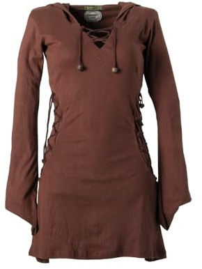 Vishes Elfenkleid mit Zipfelkapuze & Schnürbändern in Dunkelbraun | Größe XS (36-38) | Handgefertigt aus 100% Baumwolle | Ideal für Herbst & Frühjahr | Nachhaltige Alternative Bekleidung
