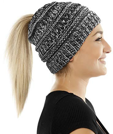 Balinco Damen & Mädchen Strickmütze mit Zopfloch - gestrickte Wintermütze (5a) (Schwarz meliert)