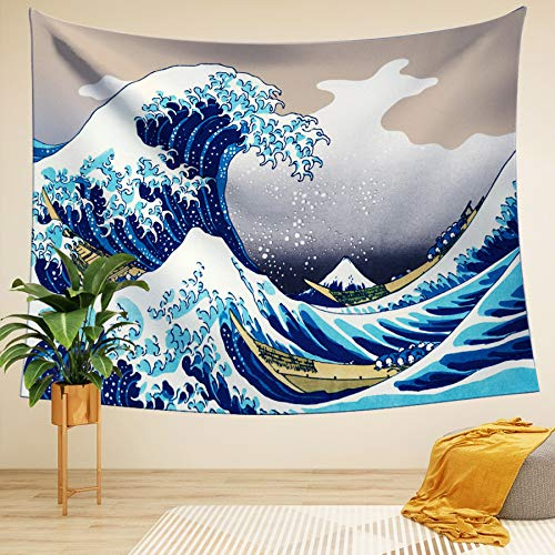 LIGICKY Wandteppich Wandtuch Hippie Tapisserie Ukiyoe Hokusai The Great Wave off Kanagawa Wandbehang Picknickdecke Staubtuch Tischdecke Wand Dekor Heimdekoration für Wohn und Schlafzimmer, 150 x 130cm