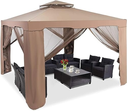 COSTWAY Gazebo da Giardino con Zanzariera 3 x 3 m, Struttura in Acciaio e 4 Tendine Poliestere Laterali (Caffè)