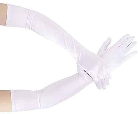 Lange Satin-Handschuhe, 1920er-Jahre, The Great Gatsby, Flapper, Abend-Opern-Party-Handschuhe, Erwachsenengröße, dehnbar, atmungsaktiv, Ellenbogenlänge 53,3 cm, Weiss/opulenter Garten