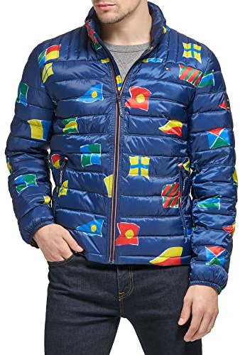 Tommy Hilfiger Men's Lightweight Down Alternative Packable Puffer Jacket Coat, Navy Flag Print, S
