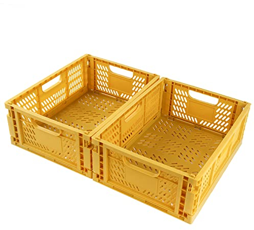 Spesh 2 Pcs Collapsible Storage Boxes Stackable Storage Baskets Folding Plastic Crates Foldable Crate Bins with Handles for Desk,Shelf,Cupboard(Yellow, 40 * 30 * 15cm)