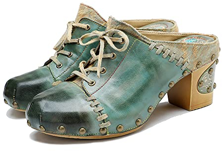 CrazycatZ Damen Leder Clogs, Blockabsätze Ledersandale Bunte Clogs Pantoletten Bunte Blume Clogs (Jean Blue, Numeric_38)