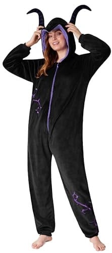 Disney Combinaison Pyjama Femme Stitch Minnie Bourriquet, Grenouillère Femme en Polaire, Onesie Adulte Ado Couple S-XXL (Noir Malefique, M)