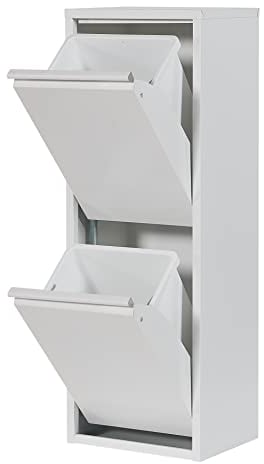 Atahome Aphrodisias Waste and Recycling Bin - 2 Drawers and Plastic Buckets with Metal Handles, 2x15 Litres Waste Separation & Recycling Bin, Sturdy Metal Structure Rubbish Bin (White)