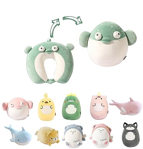 Kinder Reisekissen 2-in-1 verformbares Nackenkissen, weiches U-förmiges Kissen mit niedlichen Plüschtieren, gemütlicher Schlaf- und Spielbegleiter für Flugzeuge, Autos und Reisen -Grüner Fisch