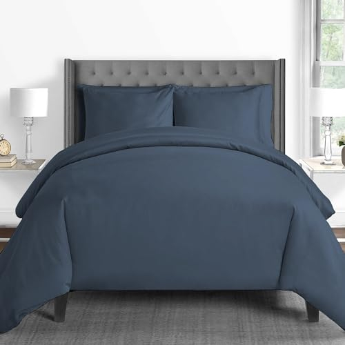 Pizuna 600 Fadenzahl aus Baumwolle Bettwäsche Dunkel Blau, 100% Langstaple Baumwolle Bettbezug und Kissenbezug, 100% Baumwolle Mako Satin 2-Teilig Bettwäscheset 155x220 + 80x80 Dunkel Blau