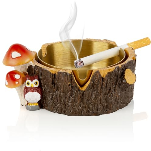 Yiiwinwy Aschenbecher für den Außenbereich mit Edelstahl-Tablett, Eulen-Pilz, niedlicher Aschenbecher für Raucher, Aschenbecher für draußen, Terrasse, Garten, Zuhause, Außen- und Innendekoration