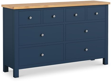 RoselandFurniture Farro XL Navy Blue 8 Drawer Chest of Drawers Bedroom | Wide Wooden Storage with Oak Top, Painted Finish, Contemporary Style, H90cm W150cm D40cm