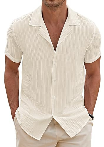 COOFANDY Men's Short Sleeve Shirts Summer Cuban Guayabera Shirt Hawaiian Casual Button Down Textured Tops Cream M