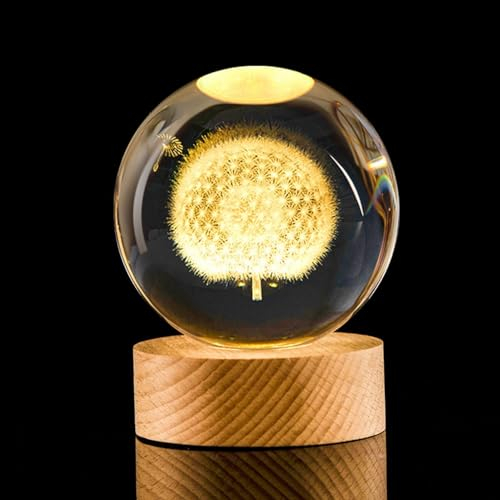 Flexzion 3D Dandelion Crystal Ball Night Light - LED Light Hologram Glass Lamp with Solid Wood Base, USB Powered Crystal Ball Lamp with Adjustable Brightness for Home Decor Display Gift, 2.4inch(60mm)