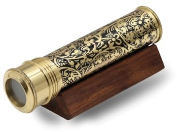 Etched Brass Handmade Kaleidoscope Explore Endless Colour with Lampworking Glass Beads, Wooden Display Stand, Dry Object Chamber- A Unique Gift and A New Addition Add Your Kaleidoscope Collection