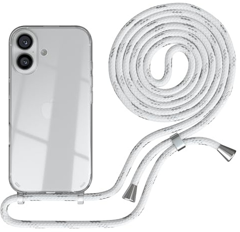 EAZY CASE Handykette kompatibel mit iPhone 16 Handyhülle mit Umhängeband, Handykordel mit Schutzhülle, Silikonhülle, Hülle mit Band, Stylische Kette für Smartphones, Weiß/Silber