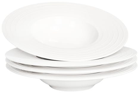 jinsongdafa Soup Bowls, Soup Plates with Rim, 350 ml, Set of 4 White Shallow Bowl Plates, Porcelain Bowls with Rimmed, Best Choice for high-end Restaurants and Gourmets, Embossed Lines 28.8 CM