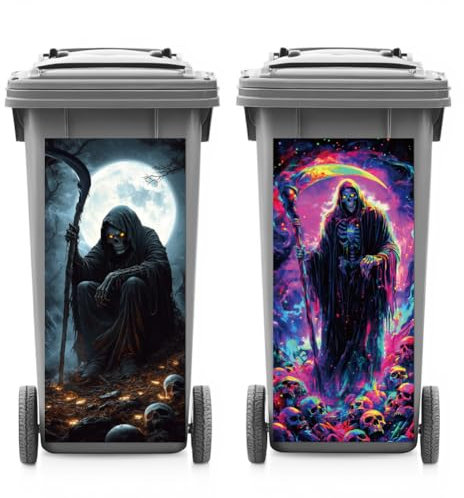 ANATTASOUL 2 Sheets Wheelie Bin Stickers Decorative Skeleton Grim Waterproof Dustbin Decor, 14.9x 32.2 Adhesive Large Decal for Bins, Fridge, Wall Outdoor, Indoor Decoration