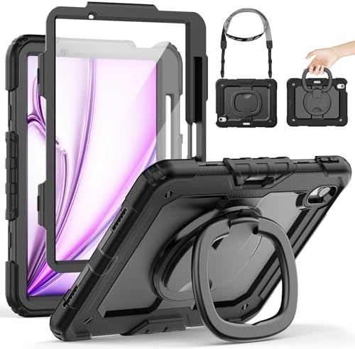 SEYMCY Étui pour iPad Air 11 pouces M4/M3/M2 (2026/2025/2024) | Étui intégral résistant aux chocs avec protecteur d'écran, poignée rotative à 360°, sangle de transport, porte-crayon, noir