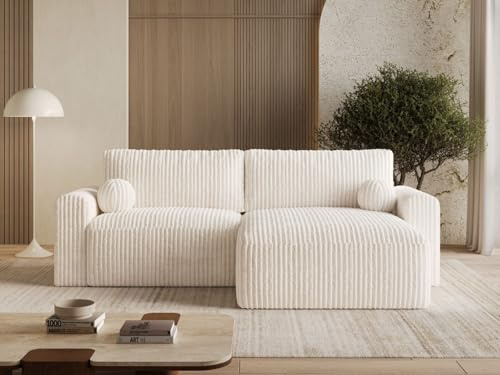 GRAINGOLD Aurora L Ecksofa modern mit Bettfunktion, 259x145 cm, L-Form Sofa, Schlafcouch für Wohnzimmer, Cord-Stoff, 3-Sitzer Eckcouch, Ecksofa mit Bettkasten (Creme)