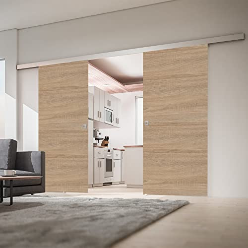 inova Doppel Holz-Schiebetür 2-Flügelig 1760 x 2035 mm Wildeiche Alu Komplettset mit Lauf-Schiene und Quadratgriff