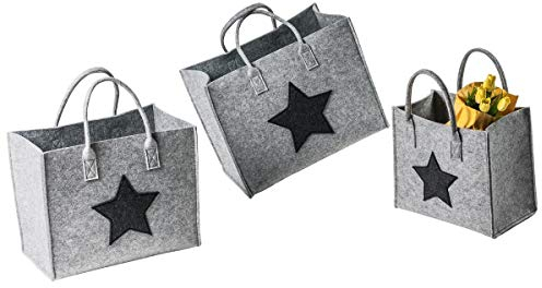 LaFiore24 Filztaschen 3er-Set Stern Filz Einkaufstasche Damen Shopper Henkeltasche Zeitschriften Aufbewahrungstasche Handtasche (Hellgrau)