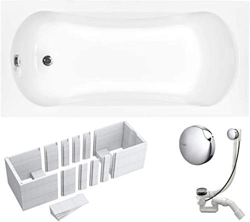 VBChome Badewanne 130x70 cm Acryl SET Wannenträger Siphon Wanne Rechteck Weiß Design Modern Styroporträger Ablaufgarnitur in Chrom Viega Simplex (130x70 cm)