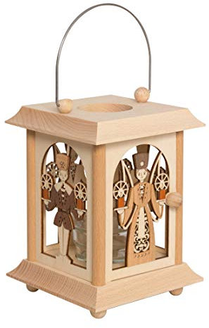 Drechslerei Kuhnert Tischlaterne/Teelichthalter - Motiv: Engel und Bergmann aus Edelholz - Maße: 11,5 x 11,5 x 17cm - Made in Germany