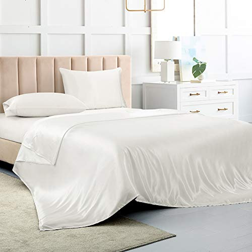 Juego de sábanas de satén tamaño Queen, sábanas de Seda Blanca, Juego de Ropa de Cama Suave de 4 Piezas con 1 sábana Bajera de Bolsillo Profundo, 1 sábana encimera y 2 Fundas de Almohada