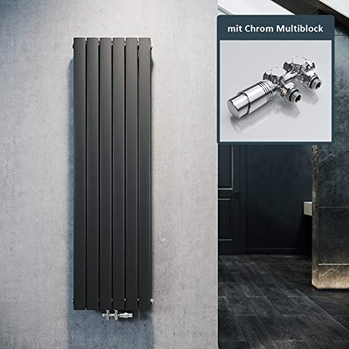 ELEGANT Design Heizkörper Flach 1600x462mm mit Chrom Multiblock Thermostat Flachheizkörper Anthrazit Doppellagig Vertikal Heizkörper Mittelanschluss