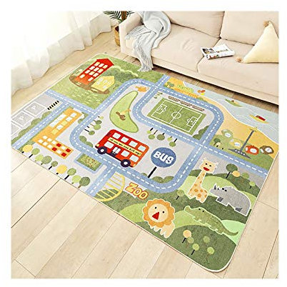 TYKTZXY Kinderteppich Spielen Teppich Straße Auto Tier Universum Blau Grün Grau(120×160cm,47×63inch)