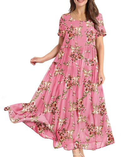 YESNO Women Dresses Casual Plus Size Bohemian Short Sleeve Floral Long Maxi Summer Beach Swing Dress/Pockets S EJFUK CR35