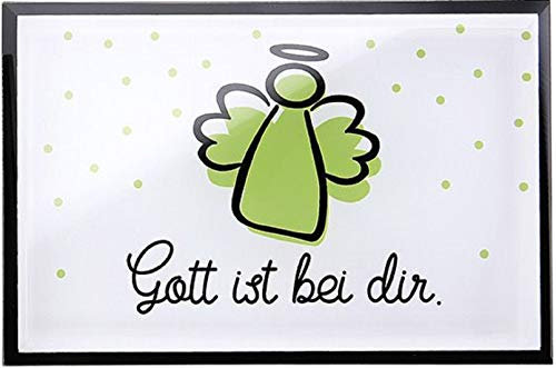 Gilde - 40537 - Glasbild mit Bilderrahmen zum aufstellen, Christliche Weisheit Engel, Klarglas mit grün/schwarzem Druck Gott ist bei dir, 12cm x 8cm