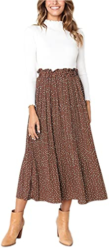 Hoerev Frauen Print Punkt mit Taschen Falten Langer Rock Beach Party Maxi Rock,Braun Punkt,S
