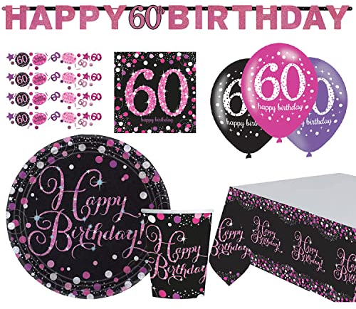 amscan 0412-66-Set Happy Birthday 60-41 pièces-Assiettes, gobelets, Serviettes, Ballons, confettis, Nappe, chaîne, Vaisselle jetable et décoration, Anniversaire, fête, Uni, 9050 0412-66, Multicolore