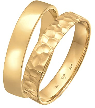 Kuzzoi Herrenringe Ring Set Silber 2 Stück Bandringe 925 Silber vergoldet | Silberringe für Männer Basic und Hammerschlag Look Goldenes Ring Set Herren Größe 60 - 66
