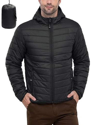 33,000ft Herren Leichte Steppjacke Outdoor Wasserbeständige Übergangsjacke Warme Winterjacke für Männer, Kapuze Wintermäntel Pufferjacke Verstaubar Schwarz M