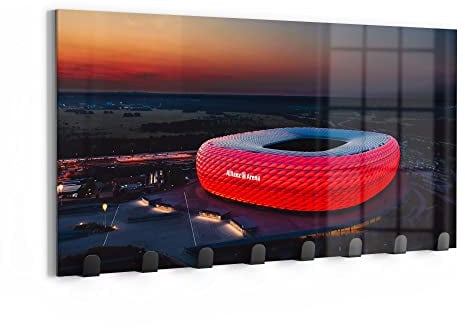 DEQORI Wandgarderobe Glas & Metall | Motiv Allianz Arena, München | 60x30 cm | Design Haken-Leiste modern | Garderoben-Paneel für Flur, Wohnzimmer & Schlafzimmer | magnetisch & beschreibbar
