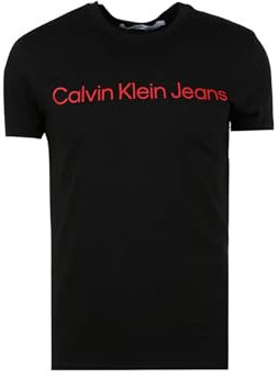 Calvin Klein Men’s Short Sleeve Round Neck Core Institutional Logo Slim Fit T-Shirt, Black (Ck Black/Salsa), S