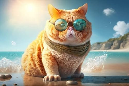 adrium Acryl-Bild 110 x 70 cm: eine humorvolle und verspielte Darstellung einer Katze, die einen Tag am Strand genießt. Die Katze trägt eine Sonnenbrille (198933861)