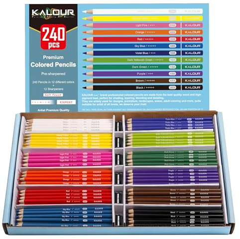 KALOUR Premium Buntstifte,12 verschiedene lebendige Farben, insgesamt 240 Stifte, vorgespitzte Künstler-Buntstifte für Erwachsene Ausmalmalbücher.