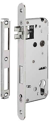 INTELOCK - Serrure Encastrable avec Trou Cylindre pour Porte d'Entrée - Inox - Axe 50 mm - Entr'Axes 85 mm - Carré 8 mm - Réversible - Bouts Ronds - Gris