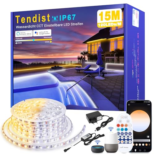 TENDIST Luces Led Exterior Impermeable Blanco Frio a Blanco Calido, Tira Led Impermeable Alexa Compatible Wifi App y mando distan, Led Autoadhesiva 24V para Exterior Cocina (15M-IP67, 3000K-6500K)